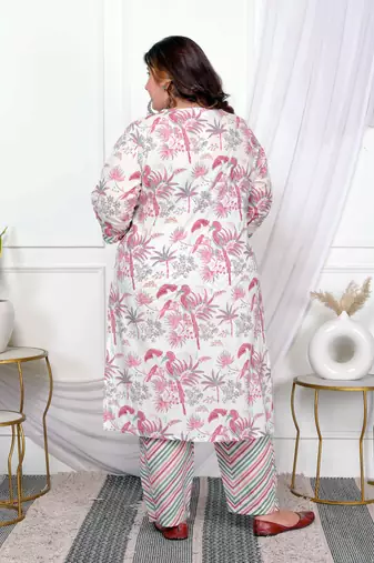  womens plus size cotton light pink scenic birds and leaf floral printed straight pakistani style suit set