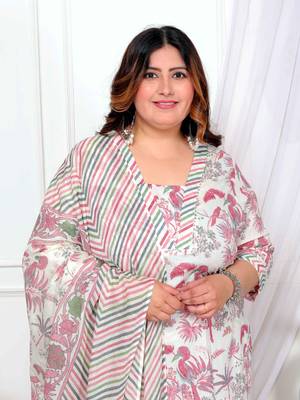  womens plus size cotton light pink scenic birds and leaf floral printed straight pakistani style suit set 3