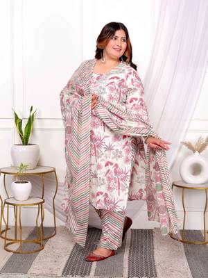 womens plus size cotton light pink scenic birds and leaf floral printed straight pakistani style suit set 4