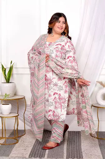  womens plus size cotton light pink scenic birds and leaf floral printed straight pakistani style suit set