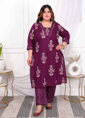 Purple Cotton Floral Print Plus Size Kurta Set for Women 1