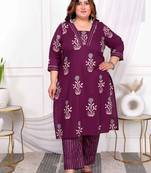 Purple Cotton Floral Print Plus Size Kurta Set for Women