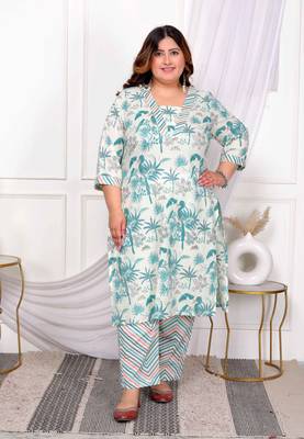  womens plus size cotton light green scenic birds and leaf floral printed straight kurta and palazzo 1