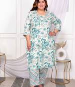  womens plus size cotton light green scenic birds and leaf floral printed straight kurta and palazzo