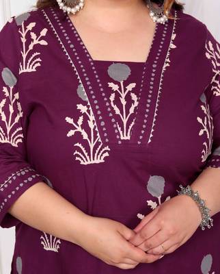 Purple Cotton Floral Print Plus Size Kurta Set for Women 3