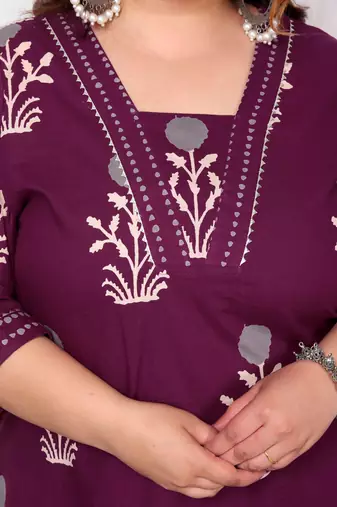 Purple Cotton Floral Print Plus Size Kurta Set for Women
