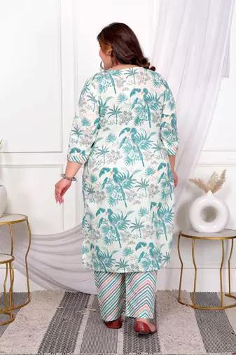  womens plus size cotton light green scenic birds and leaf floral printed straight kurta and palazzo
