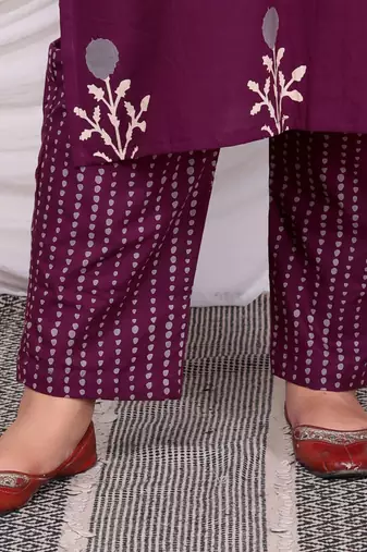 Purple Cotton Floral Print Plus Size Kurta Set for Women
