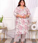  womens plus size light pink scenic birds and leaf floral printed cotton straight kurta and palazzo