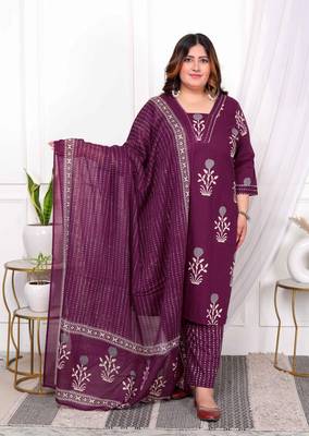  womens plus size cotton fabric purple color kurta with palazzo and dupatta 1