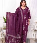  womens plus size cotton fabric purple color kurta with palazzo and dupatta