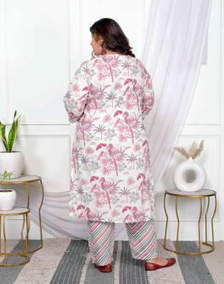  womens plus size light pink scenic birds and leaf floral printed cotton straight kurta and palazzo 2