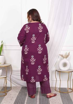  womens plus size cotton fabric purple color kurta with palazzo and dupatta 2