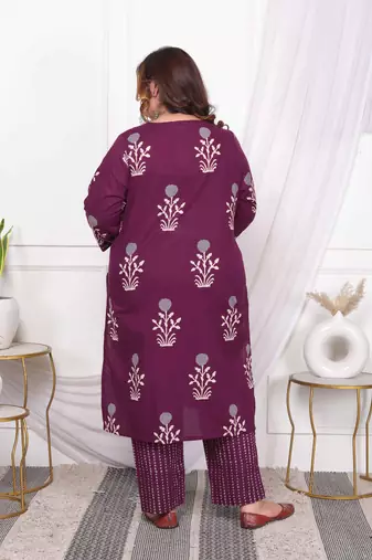  womens plus size cotton fabric purple color kurta with palazzo and dupatta