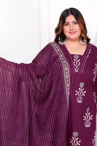  womens plus size cotton fabric purple color kurta with palazzo and dupatta