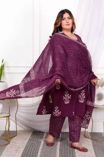  womens plus size cotton fabric purple color kurta with palazzo and dupatta