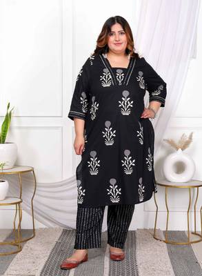  womens plus size cotton gota patti black floral printed straight kurta palazzo set 1