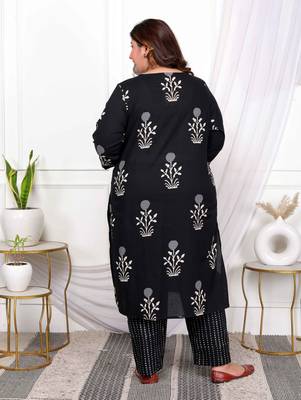  womens plus size cotton gota patti black floral printed straight kurta palazzo set 2