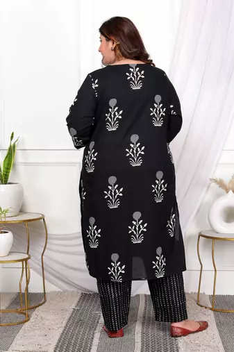  womens plus size cotton gota patti black floral printed straight kurta palazzo set