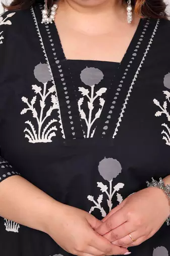  womens plus size cotton gota patti black floral printed straight kurta palazzo set