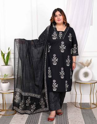  womens plus size cotton gota patti black floral printed straight kurta palazzo with dupatta set 1