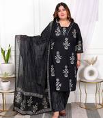  womens plus size cotton gota patti black floral printed straight kurta palazzo with dupatta set