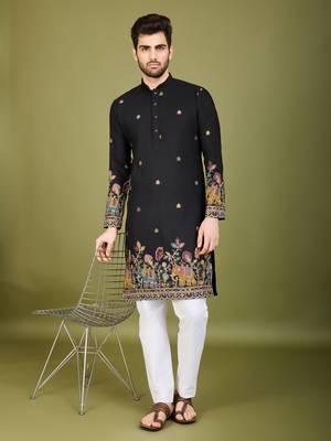 black cotton thread & sequins embroidered kurta 1