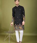 black cotton thread & sequins embroidered kurta