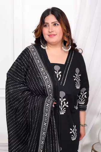  womens plus size cotton gota patti black floral printed straight kurta palazzo with dupatta set