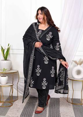  womens plus size cotton gota patti black floral printed straight kurta palazzo with dupatta set 4
