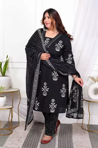  womens plus size cotton gota patti black floral printed straight kurta palazzo with dupatta set