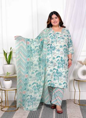  womens plus size cotton light green scenic birds and leaf floral printed straight pakistani style suit set 1