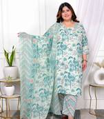  womens plus size cotton light green scenic birds and leaf floral printed straight pakistani style suit set