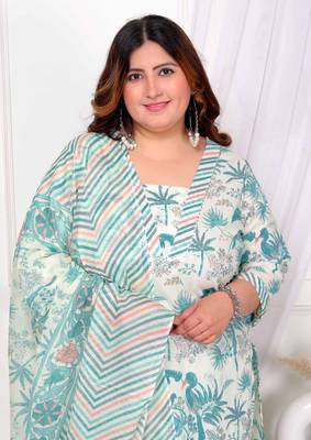  womens plus size cotton light green scenic birds and leaf floral printed straight pakistani style suit set 3