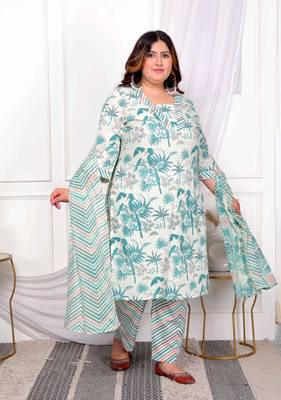  womens plus size cotton light green scenic birds and leaf floral printed straight pakistani style suit set 4