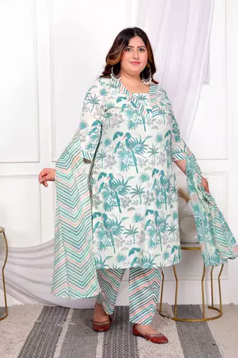  womens plus size cotton light green scenic birds and leaf floral printed straight pakistani style suit set