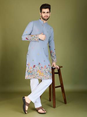 sky blue cotton thread & sequins embroidered straight kurta 1