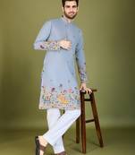 sky blue cotton thread & sequins embroidered straight kurta