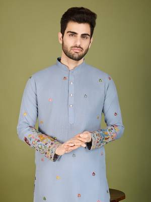 sky blue cotton thread & sequins embroidered straight kurta 3