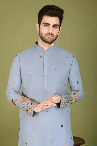 sky blue cotton thread & sequins embroidered straight kurta