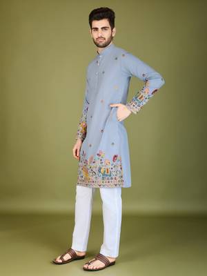 sky blue cotton thread & sequins embroidered straight kurta 4