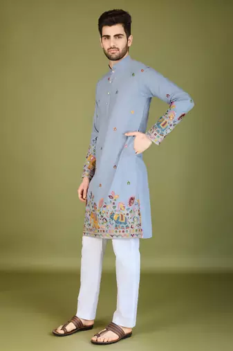 sky blue cotton thread & sequins embroidered straight kurta