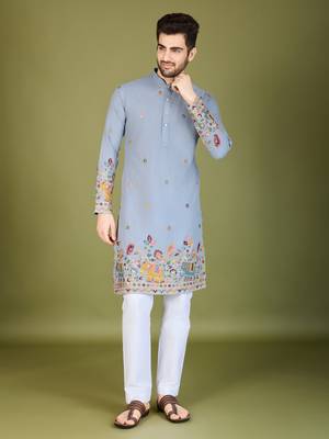 sky blue cotton thread & sequins embroidered straight kurta 5