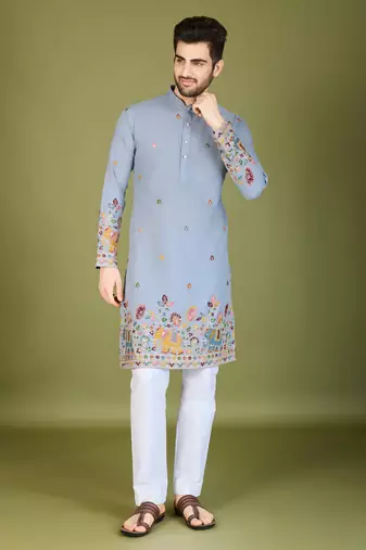 sky blue cotton thread & sequins embroidered straight kurta