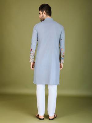 sky blue cotton thread & sequins embroidered straight kurta 6