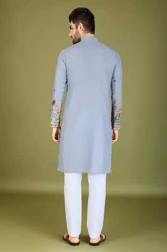 sky blue cotton thread & sequins embroidered straight kurta