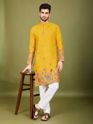 Yellow cotton thread & sequins embroidered work wedding ceremony festival marriage party wear straight kurta 1
