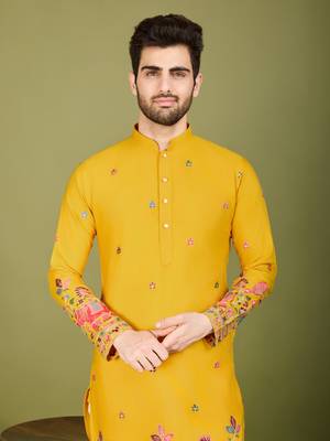 Yellow cotton thread & sequins embroidered work wedding ceremony festival marriage party wear straight kurta 3