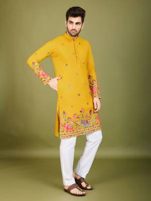Yellow cotton thread & sequins embroidered work wedding ceremony festival marriage party wear straight kurta 4