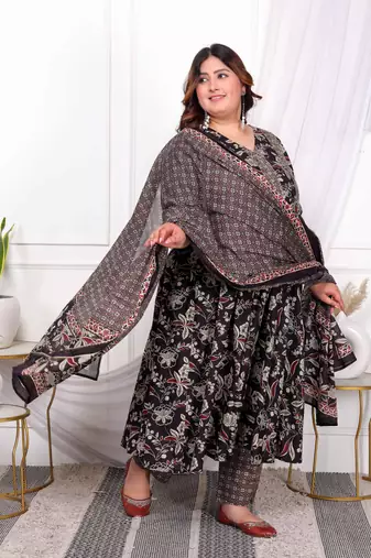  women plus size embroidered multi anarkali kurta with palazzo and dupatta set